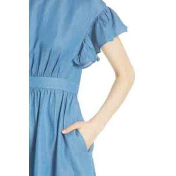 Kate Spade Women's Blue Ruffle Short Sleeve Chambray Mini Dress Size 4 - Picture 3 of 8